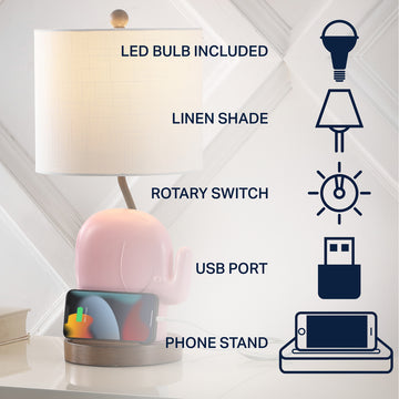Ellie Bohemian Designer Iron/Resin Elephant LED Kids Table Lamp with Phone Stand and USB Charging Port - JONATHAN Y